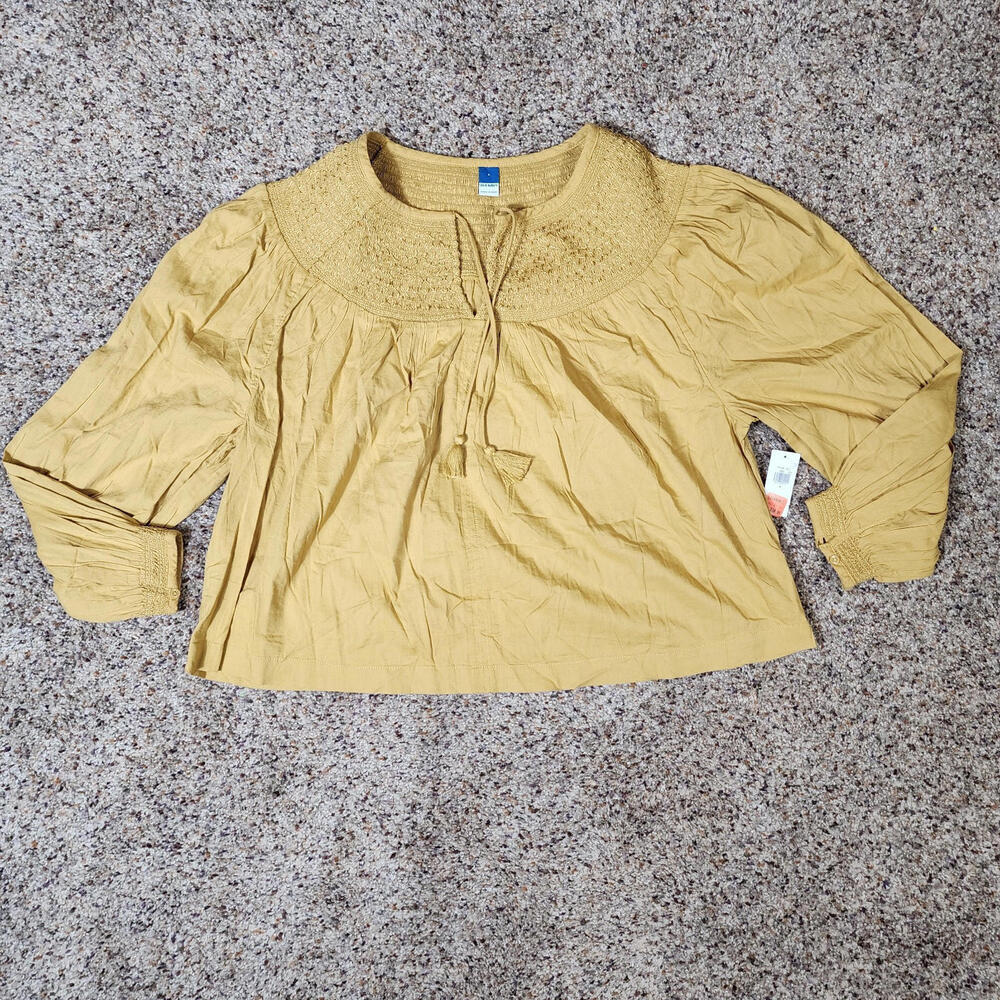 Old Navy Blouse Women's Small Tidewater Long-Sleeve Embroidered Tie Mustard NWT